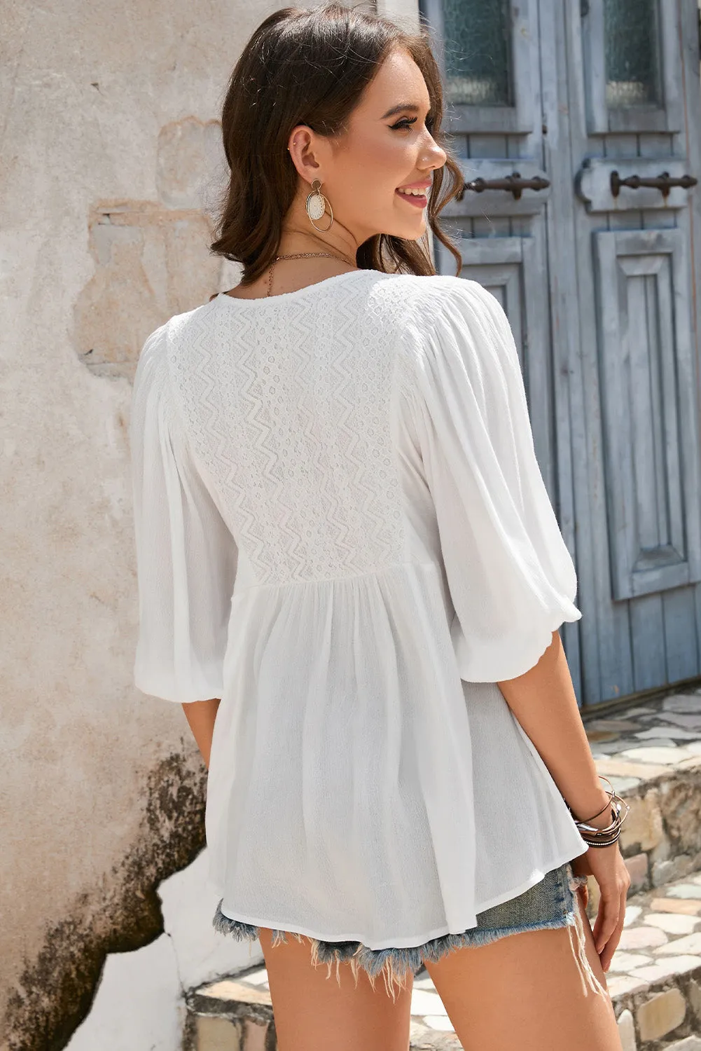 * APP EXCLUSIVE* Vneck Half Sleeve Blouse with Pockets