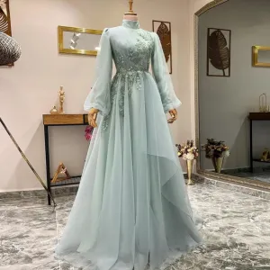 A-line Evening Gowns For Women Formal Elegant Beading Flowers Tulle Muslim Prom Dresses     fg6034