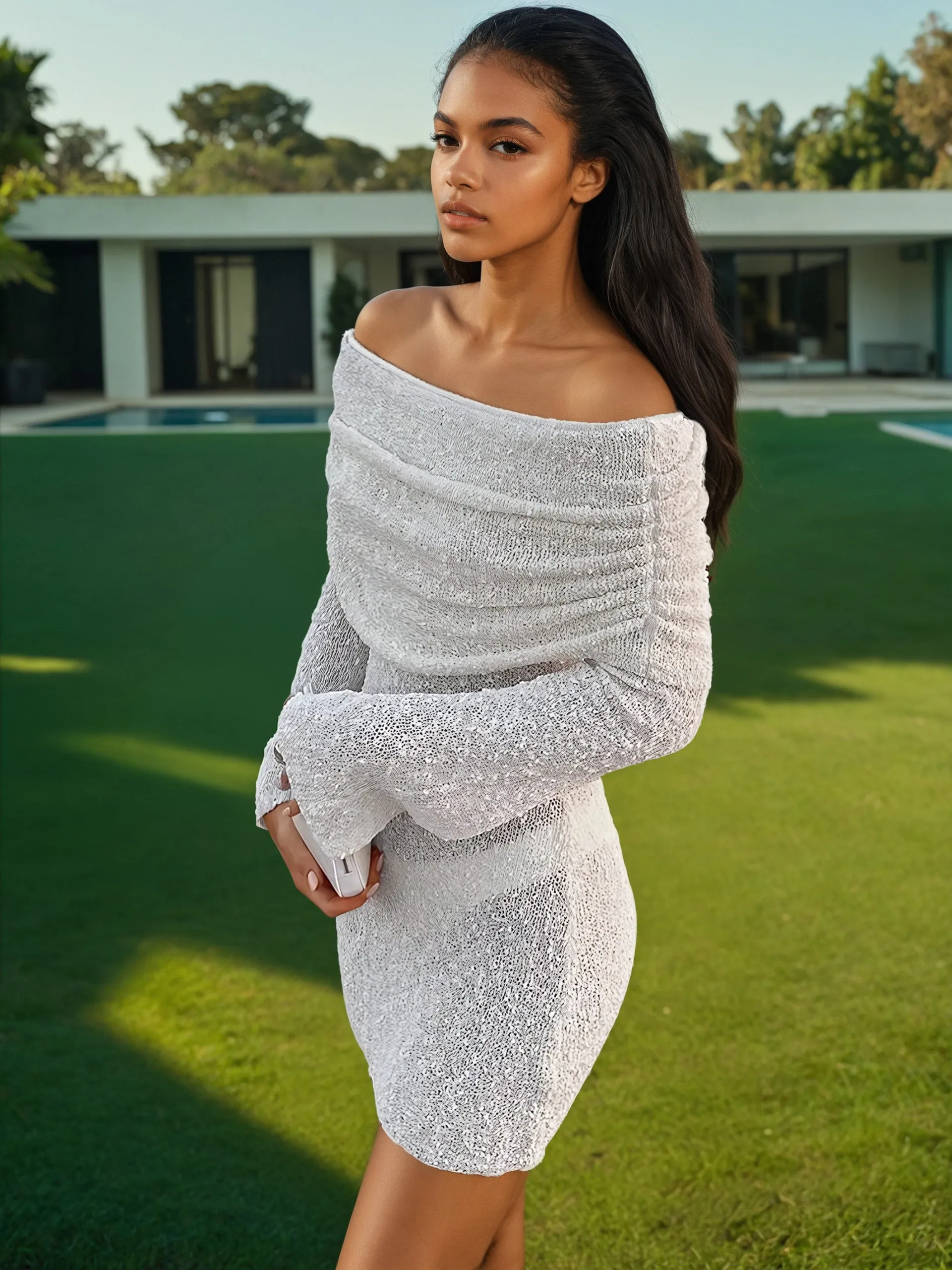 A&A Off Shoulder Ruched Flare Sleeve Mini Dress