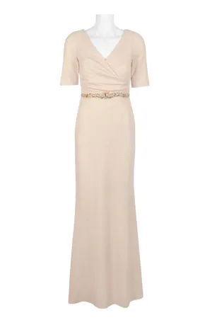 Adrianna Papell V-Neck 3/4 Sleeve Ruched Embellished Waist Zipper Back Metallic Knit Dress