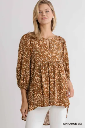 Animal Print 3/4 Sleeve Babydoll Top with Keyhole Front and Smocked Shoulder Detail