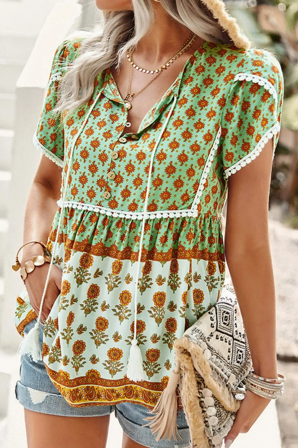 *APP EXCLUSIVE* Bohemian Tie Neck Buttoned Blouse