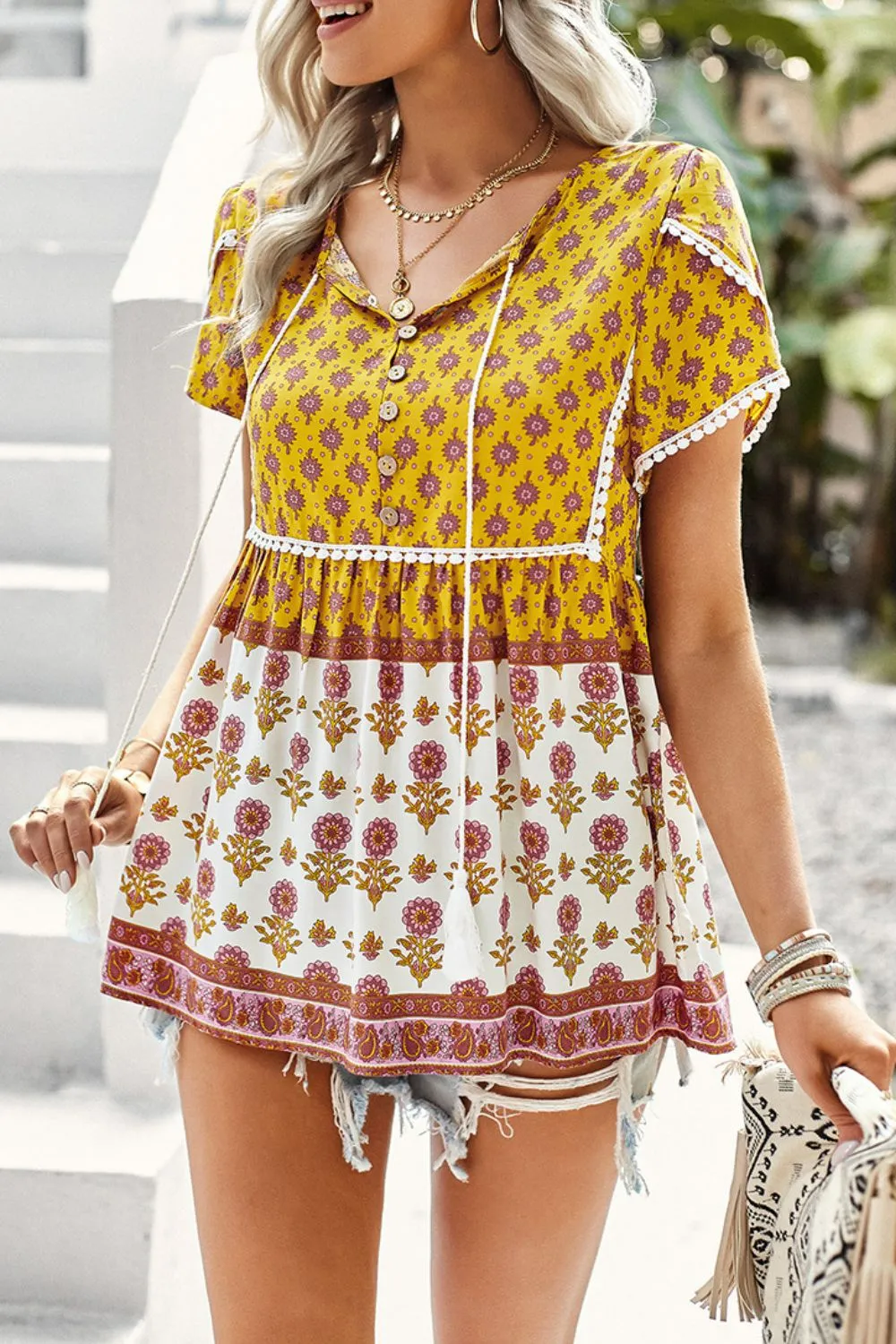 *APP EXCLUSIVE* Bohemian Tie Neck Buttoned Blouse