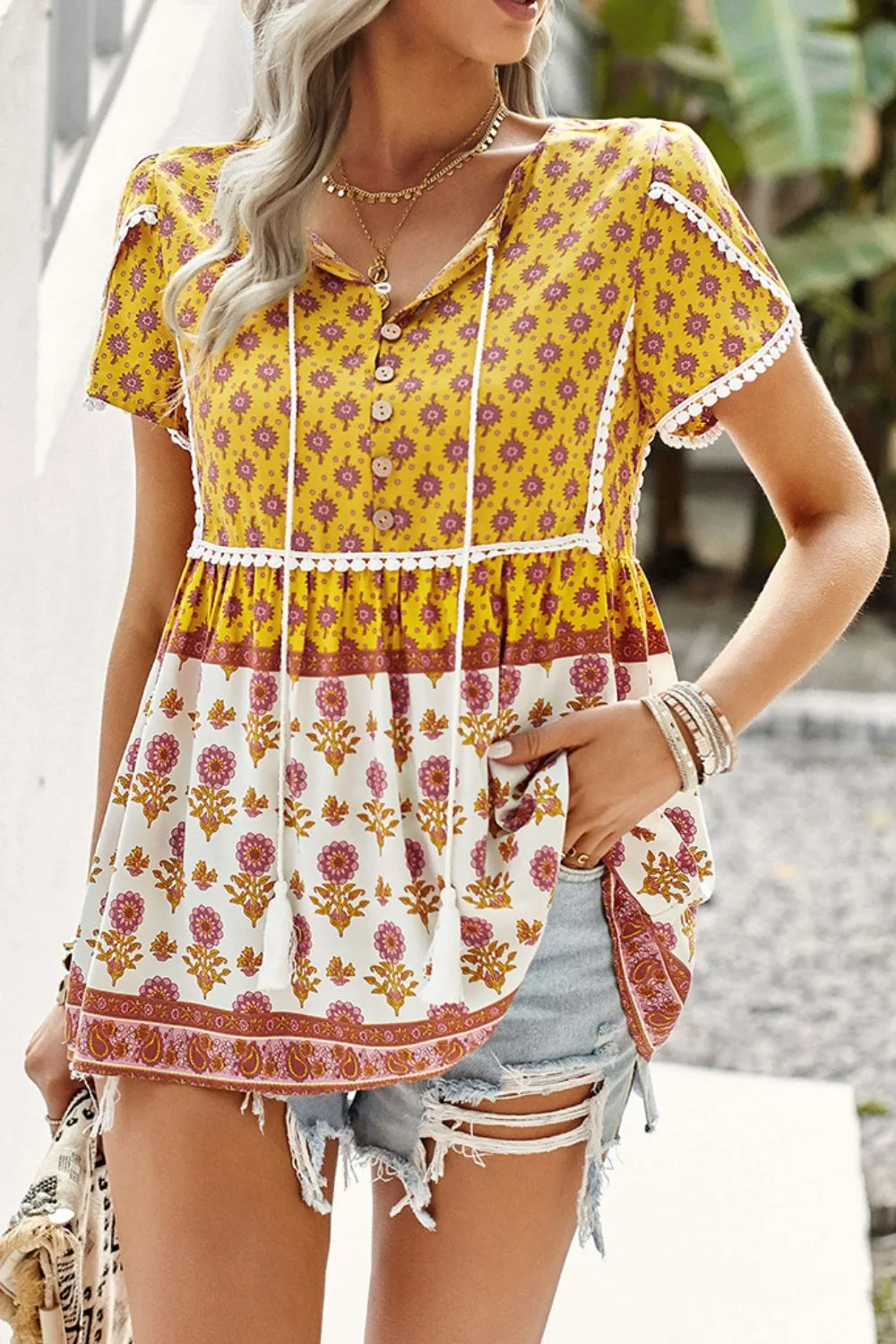*APP EXCLUSIVE* Bohemian Tie Neck Buttoned Blouse