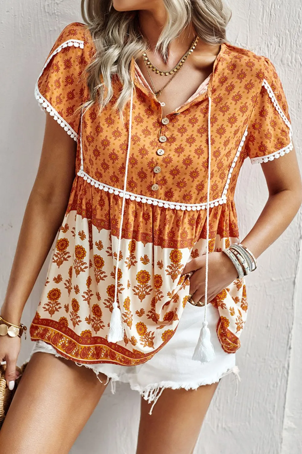 *APP EXCLUSIVE* Bohemian Tie Neck Buttoned Blouse