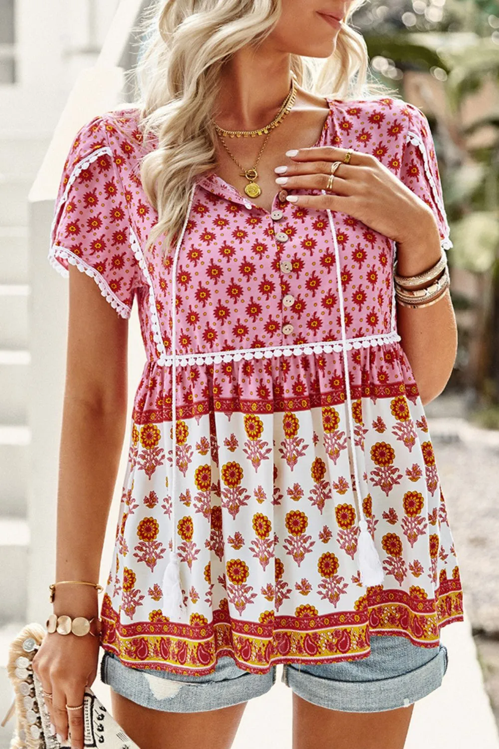 *APP EXCLUSIVE* Bohemian Tie Neck Buttoned Blouse