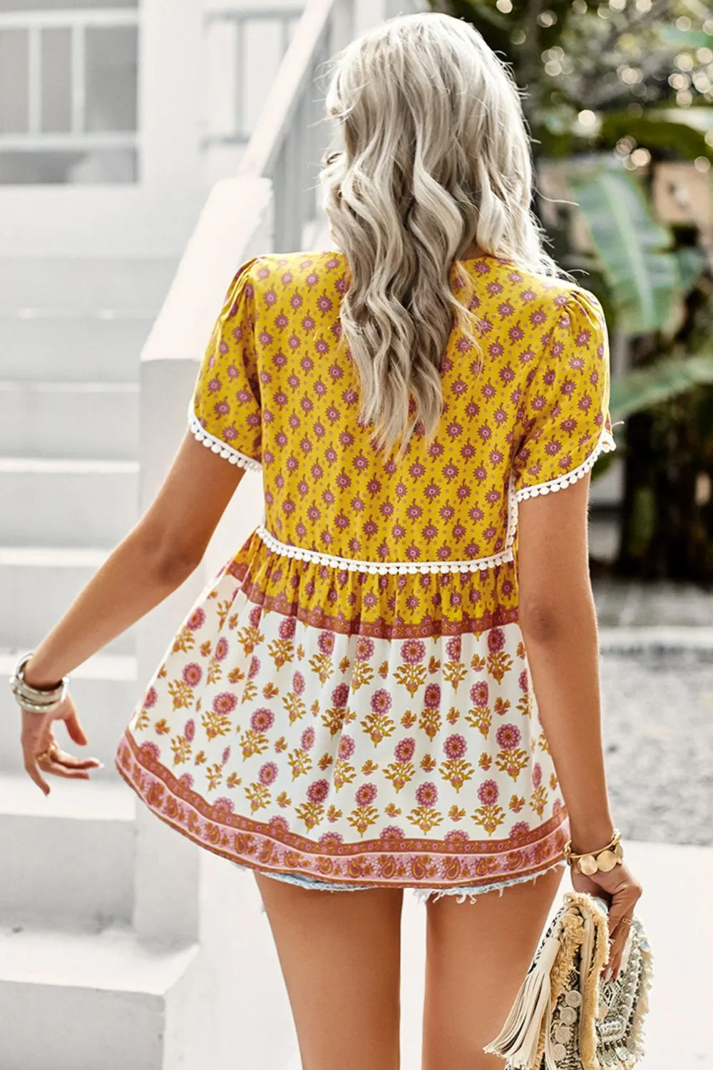 *APP EXCLUSIVE* Bohemian Tie Neck Buttoned Blouse