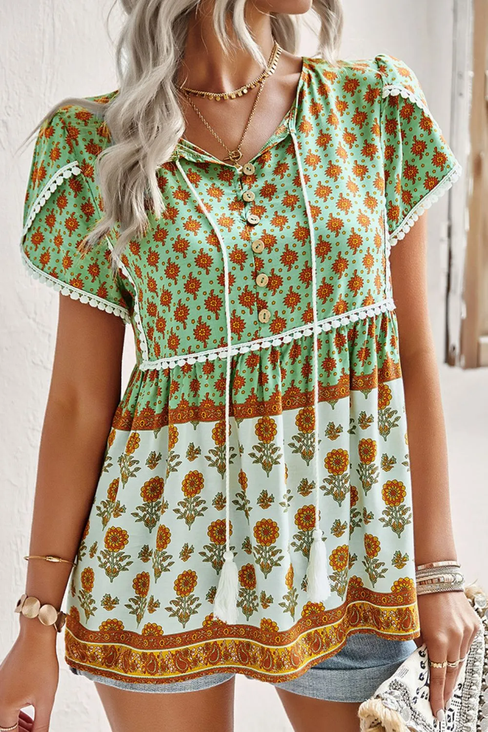 *APP EXCLUSIVE* Bohemian Tie Neck Buttoned Blouse