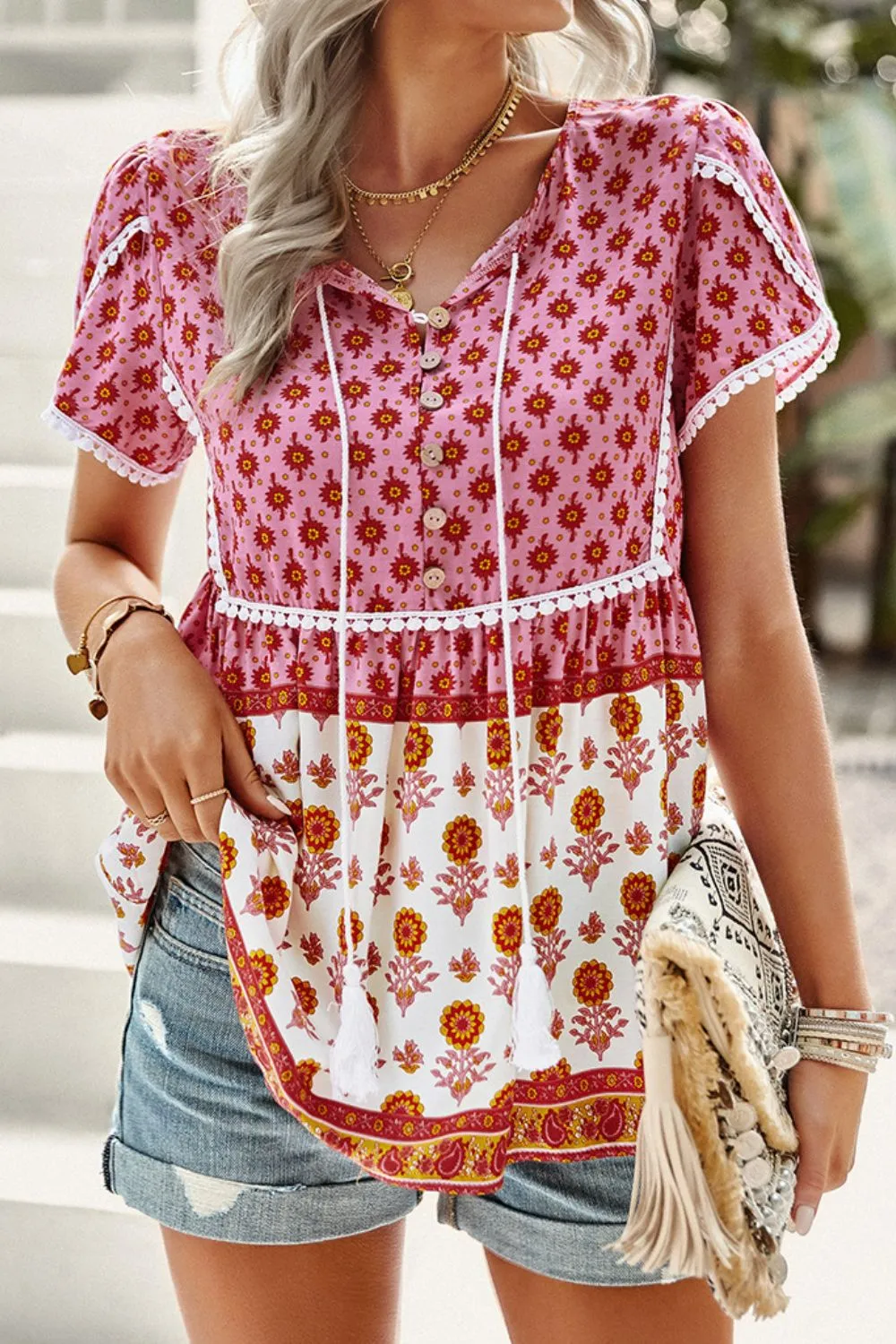 *APP EXCLUSIVE* Bohemian Tie Neck Buttoned Blouse