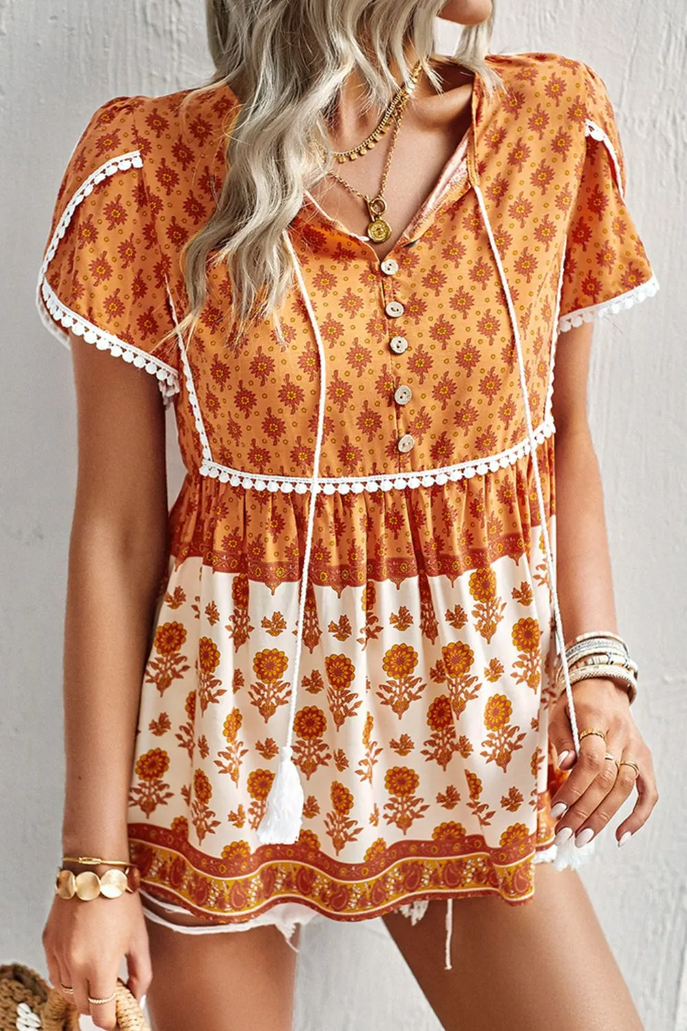 *APP EXCLUSIVE* Bohemian Tie Neck Buttoned Blouse