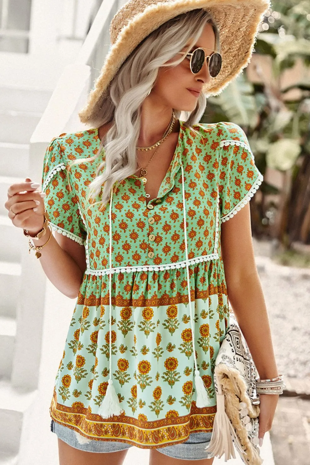 *APP EXCLUSIVE* Bohemian Tie Neck Buttoned Blouse