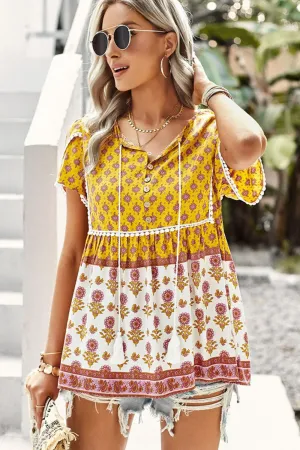 *APP EXCLUSIVE* Bohemian Tie Neck Buttoned Blouse