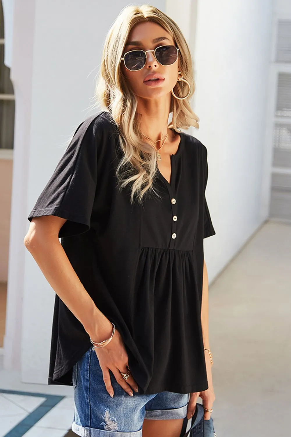 *APP EXCLUSIVE* Buttoned Notched Neck Short Sleeve Top