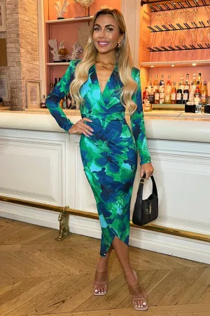 AX PARIS GREEN PRINTED LONG SLEEVE WRAP MIDI DRESS
