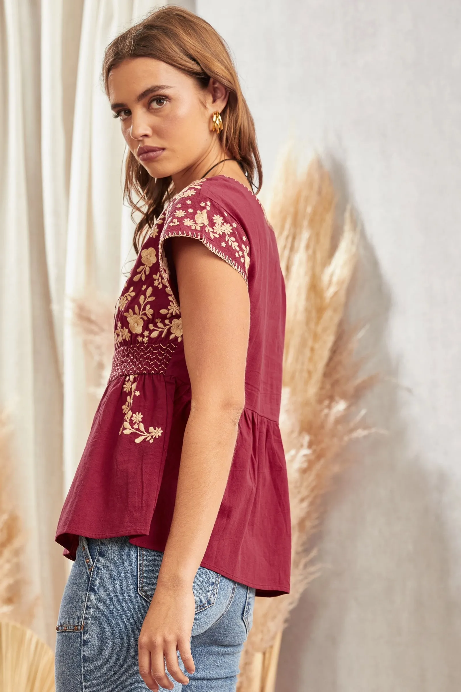 Babydoll Floral Embroidery Top #079