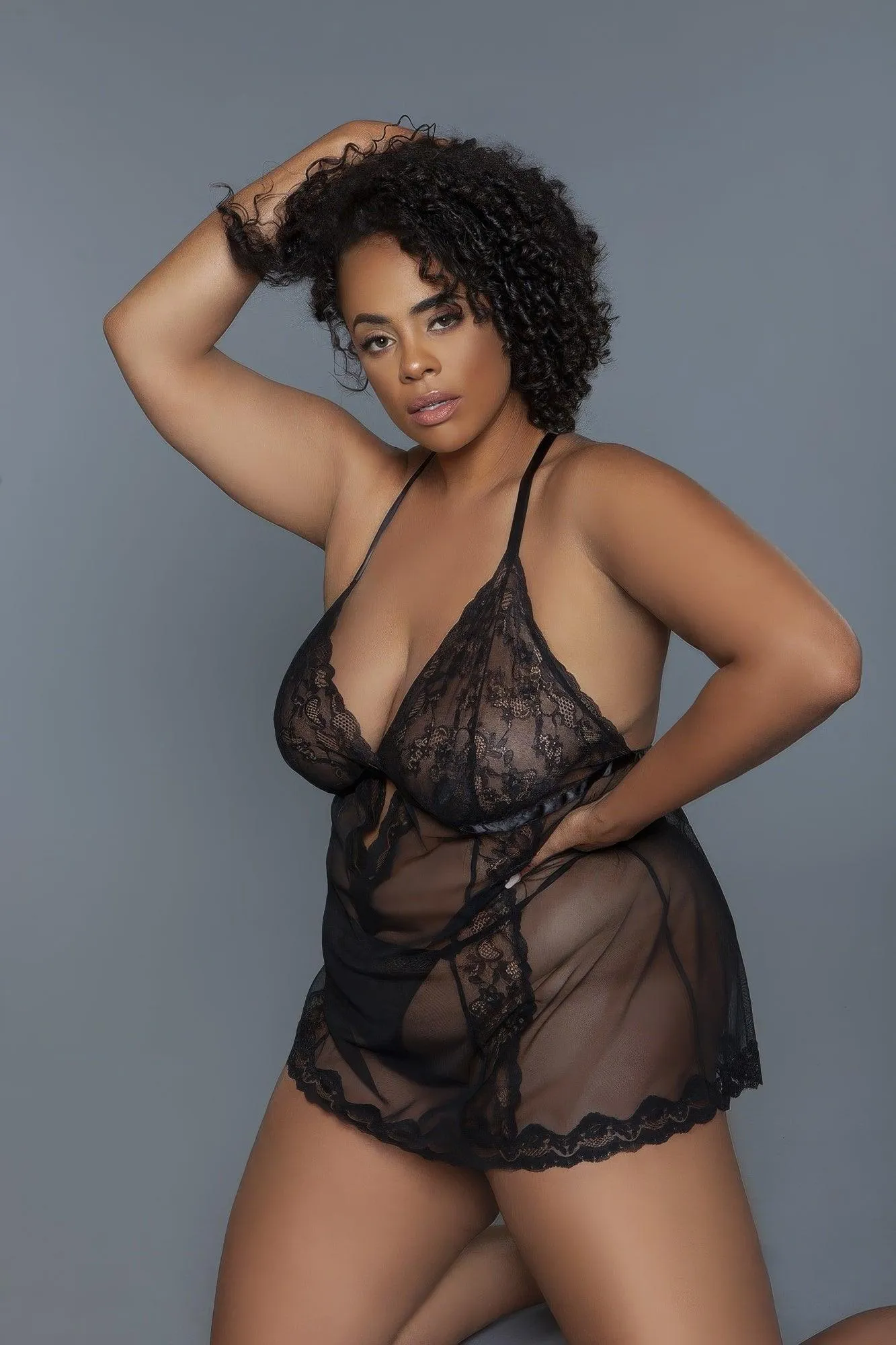 Babydoll Sheer Mesh Lace Lingerie 2 Pc