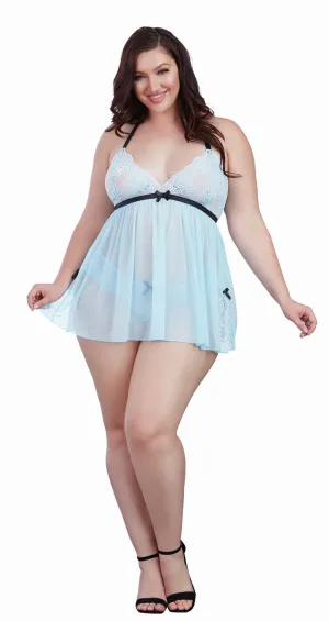 Babydoll With Garters and Thong - 1x - Light Blue