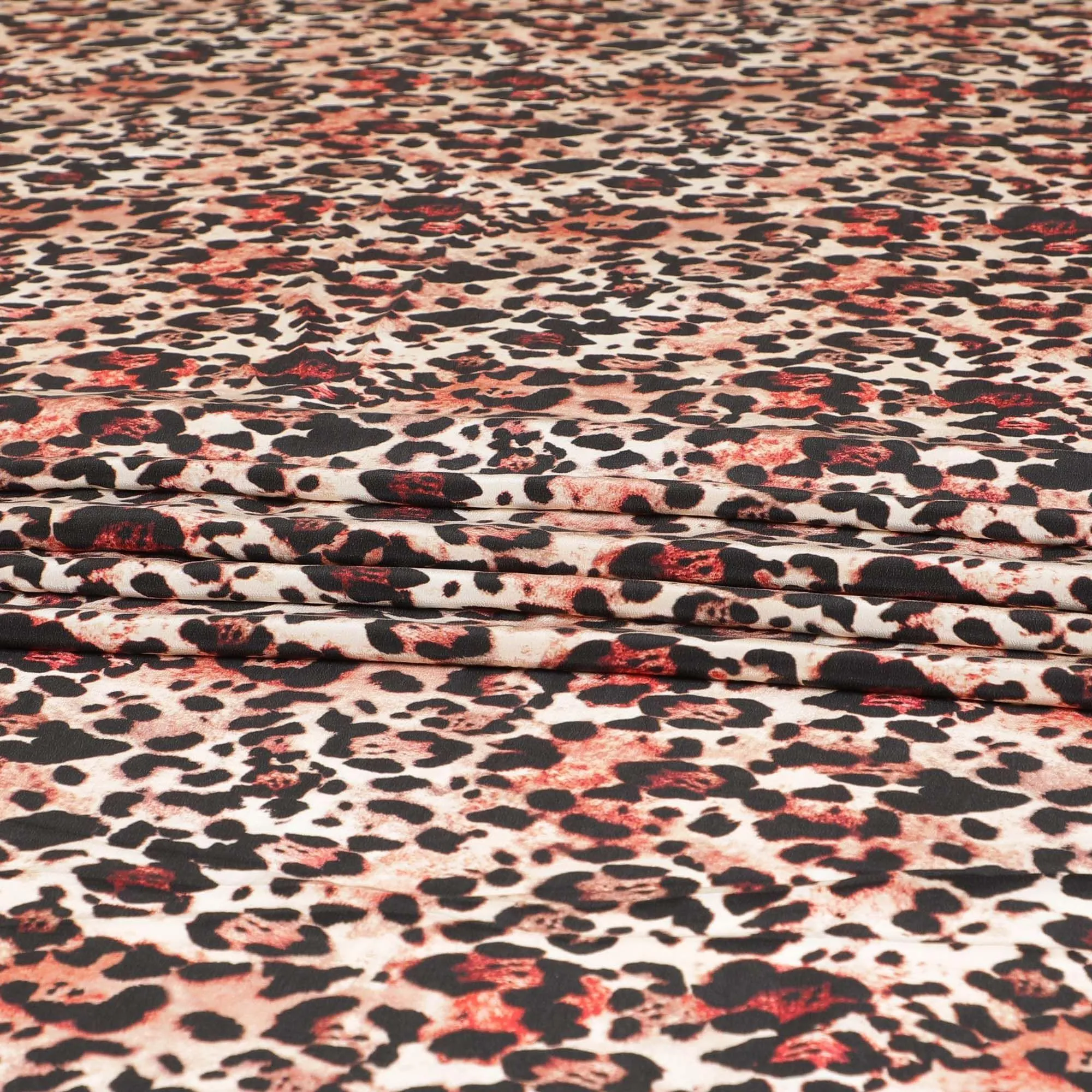 Beige premium pure silk crepe fabric with peach and black print in animal skin design-D9391
