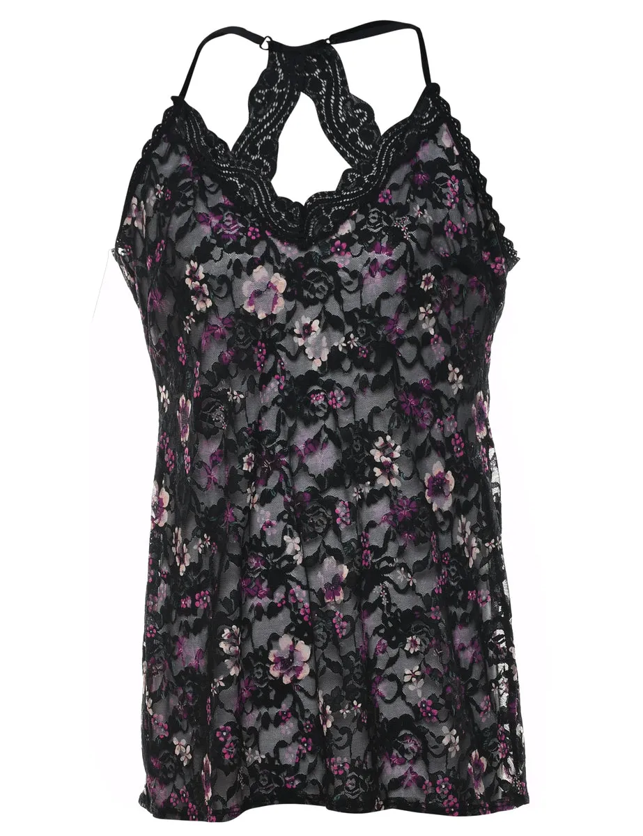 Black & Purple Floral Lace Racer-Back Babydoll - M