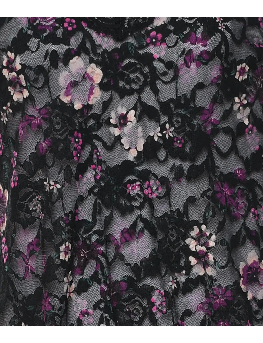 Black & Purple Floral Lace Racer-Back Babydoll - M
