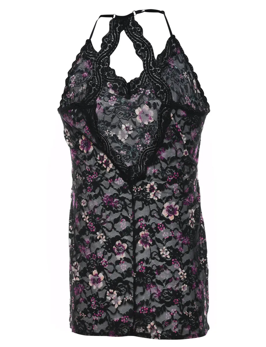 Black & Purple Floral Lace Racer-Back Babydoll - M