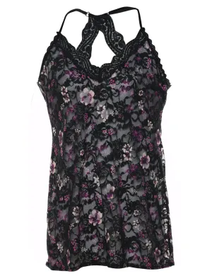 Black & Purple Floral Lace Racer-Back Babydoll - M