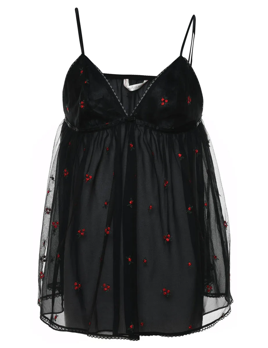 Black & Red Embroidered Floral Babydoll - M