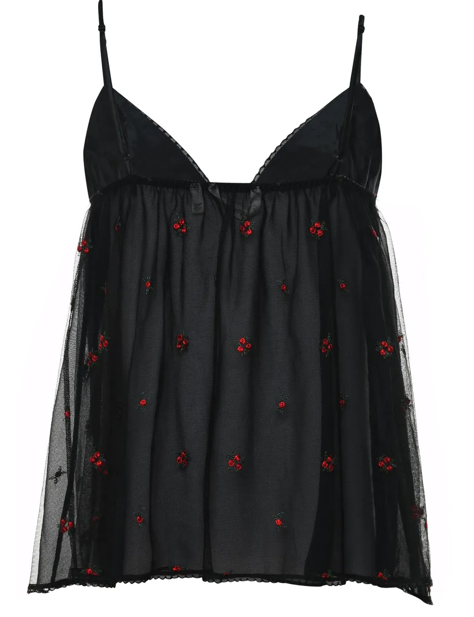 Black & Red Embroidered Floral Babydoll - M