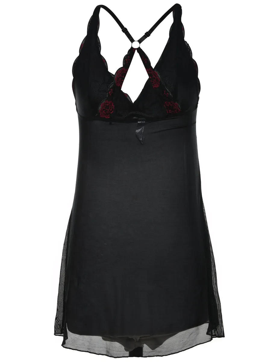 Black & Red Sheer Lace Trim Babydoll - S