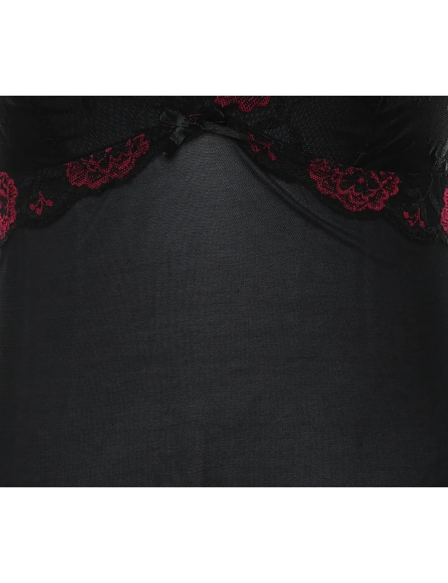 Black & Red Sheer Lace Trim Babydoll - S