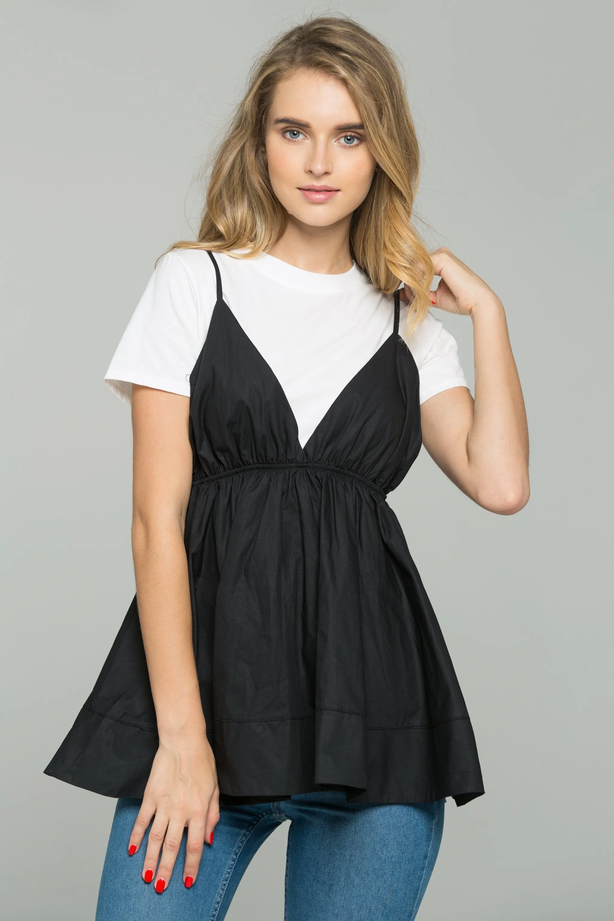 Black and White Babydoll Spaghetti Strap Top Set