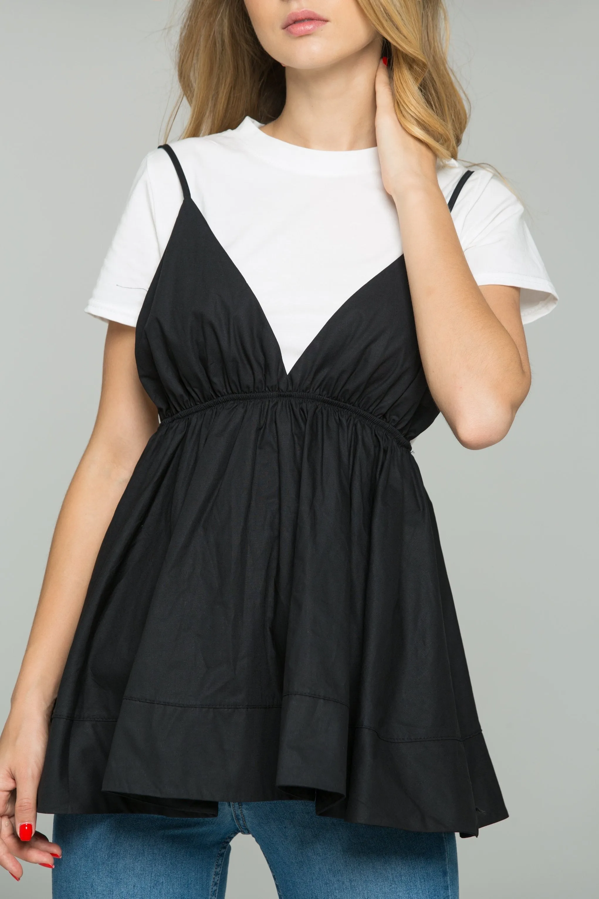 Black and White Babydoll Spaghetti Strap Top Set