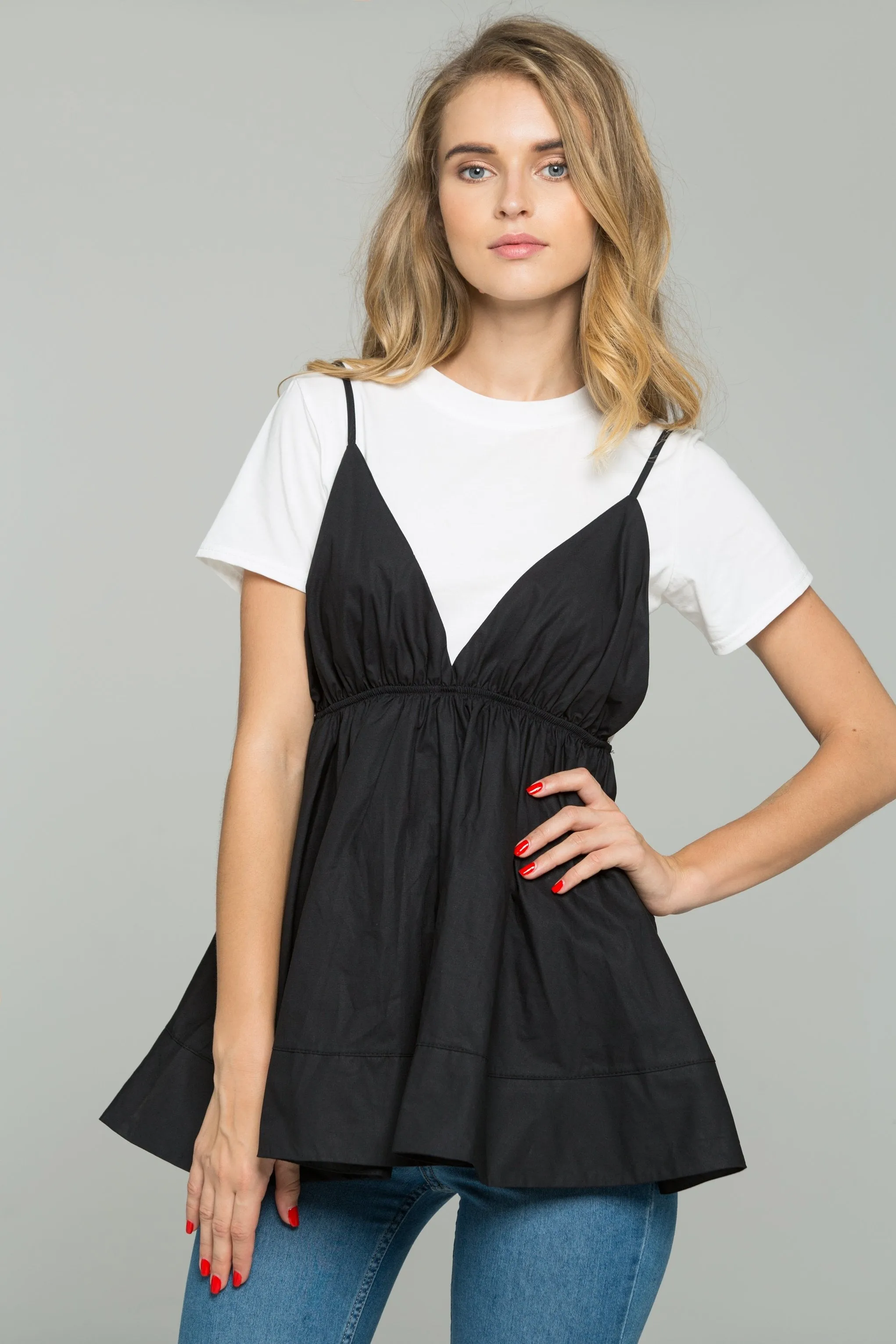 Black and White Babydoll Spaghetti Strap Top Set