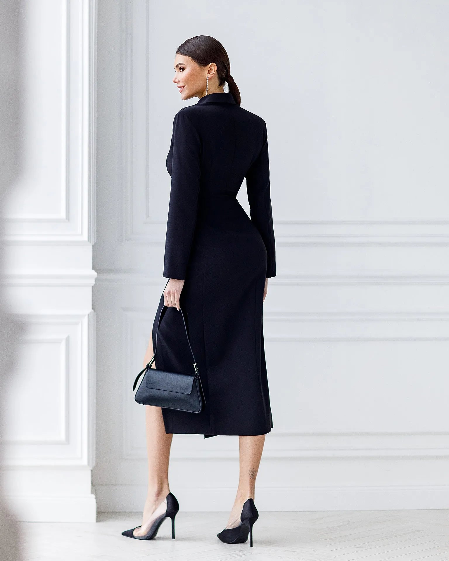 Black Collared Wrap Midi Dress