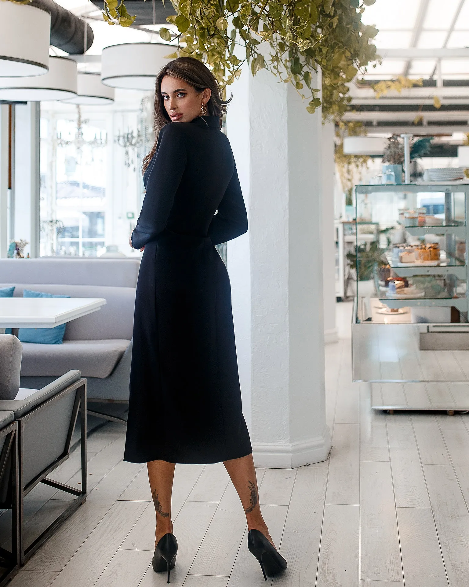 Black Collared Wrap Midi Dress