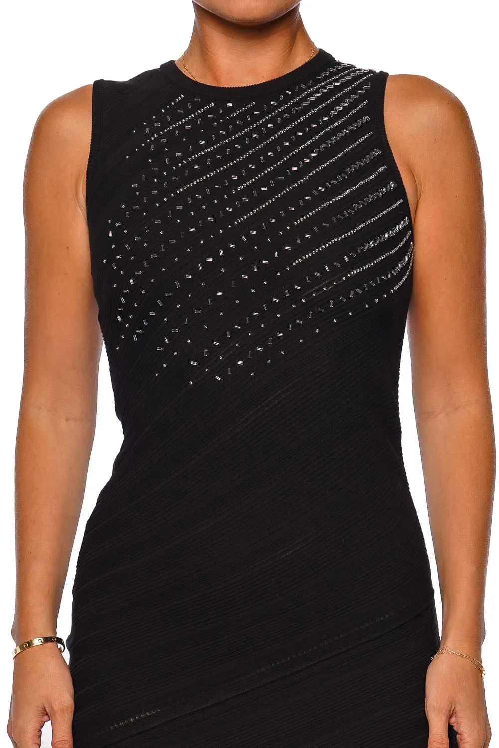 Black Embellished Ruched Knit Midi Dress