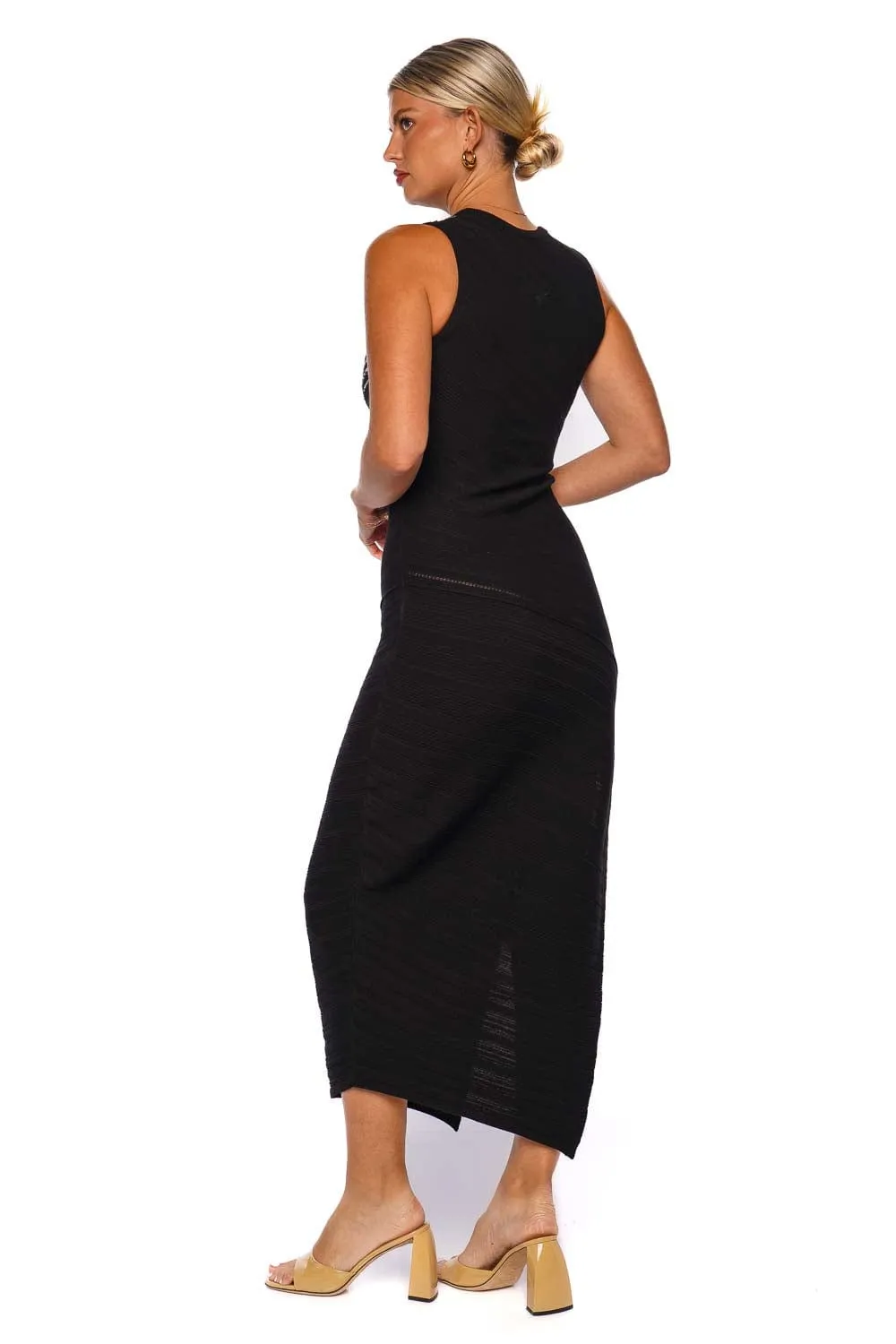 Black Embellished Ruched Knit Midi Dress