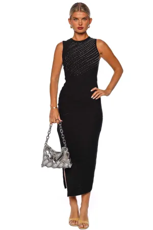 Black Embellished Ruched Knit Midi Dress