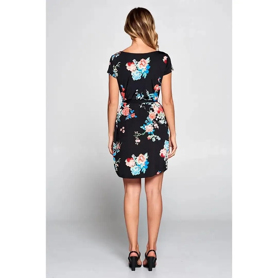 Black Floral Print Knit Dress with Waist Tie