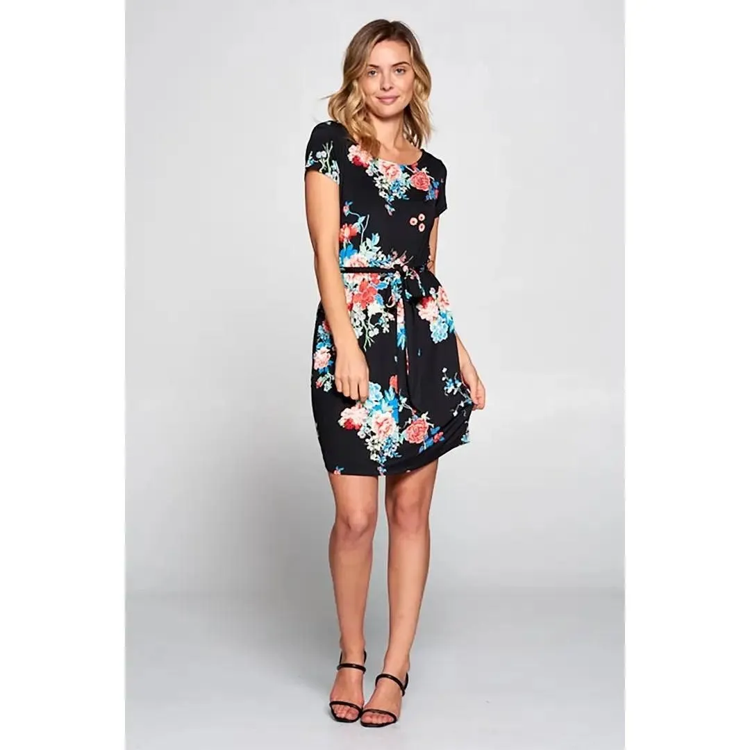 Black Floral Print Knit Dress with Waist Tie