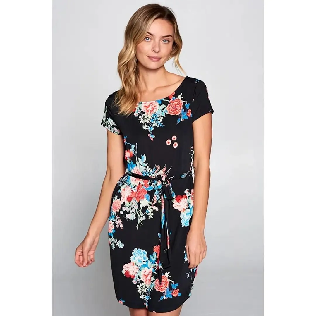 Black Floral Print Knit Dress with Waist Tie