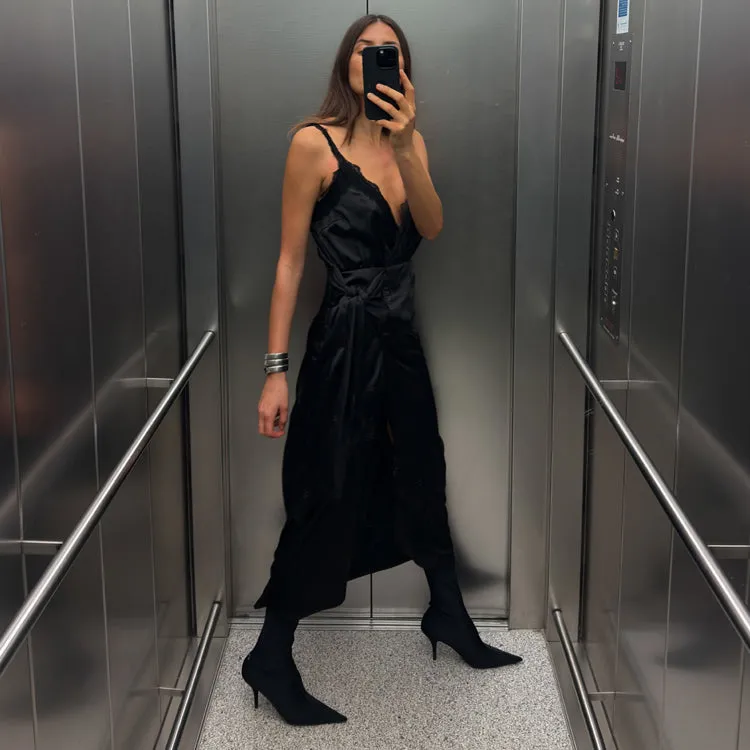 Black Meela Lace Trim Dress