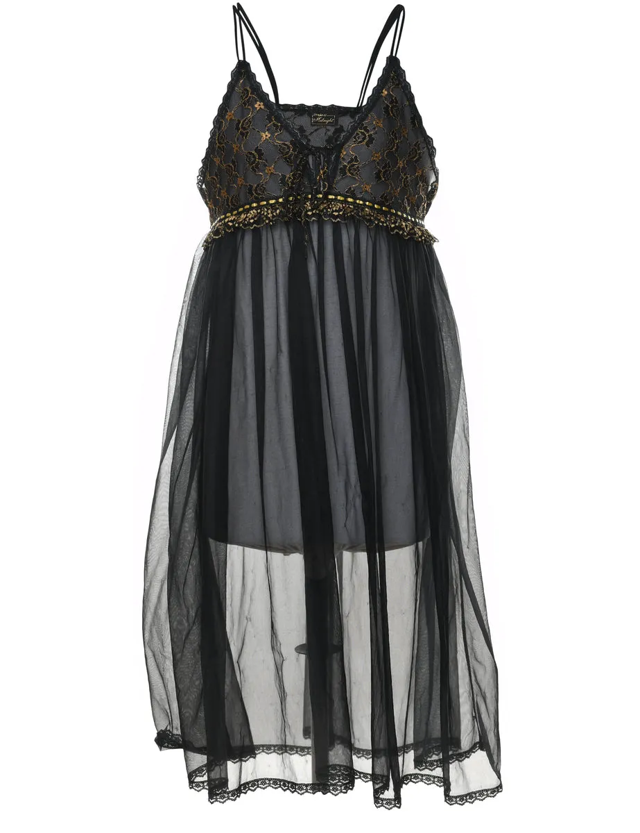 Black Sheer Lace Trim Babydoll - L