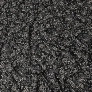 Black viscose crepe printed fabric with white prints in floral design-D11170