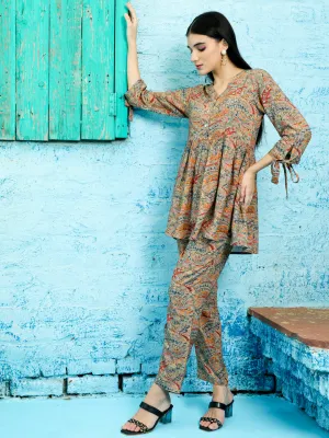 Brown Paisley Printed Peplum Short Kurta With Pants Co-ord Set