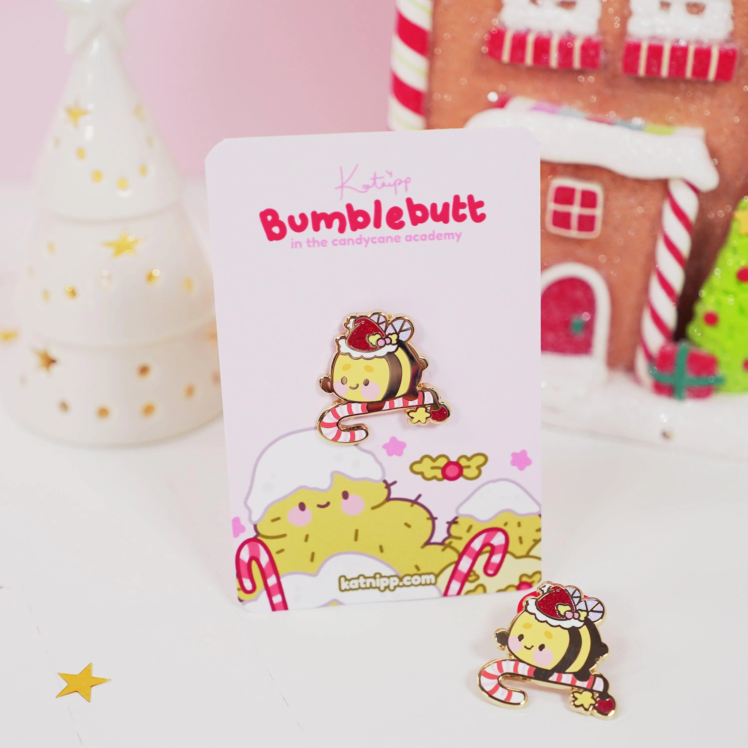 Bumblebutt Christmas Enamel Pin | Kawaii Candy Cane Accessory | Festive Bumblebee Holiday Pin