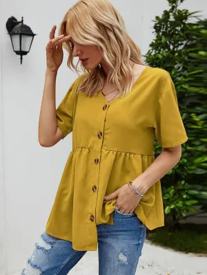 Button Front Ruffle Hem Babydoll Blouse
