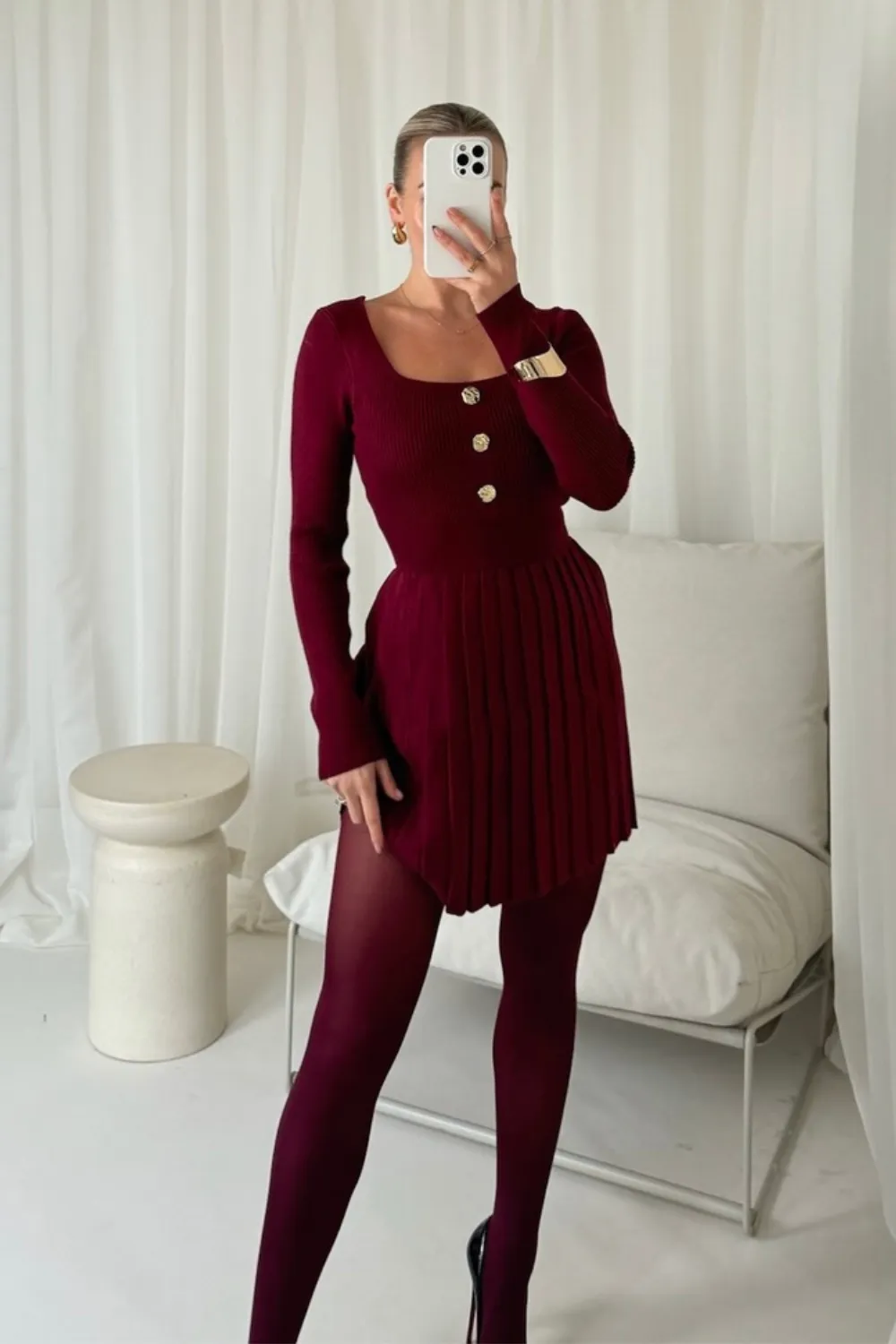 Charlotte burgundy square neck knit dress