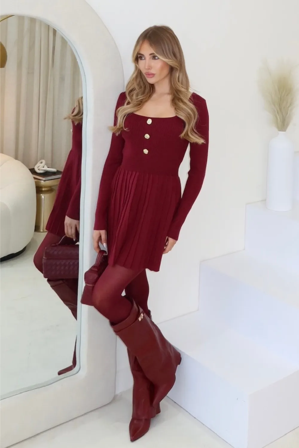 Charlotte burgundy square neck knit dress