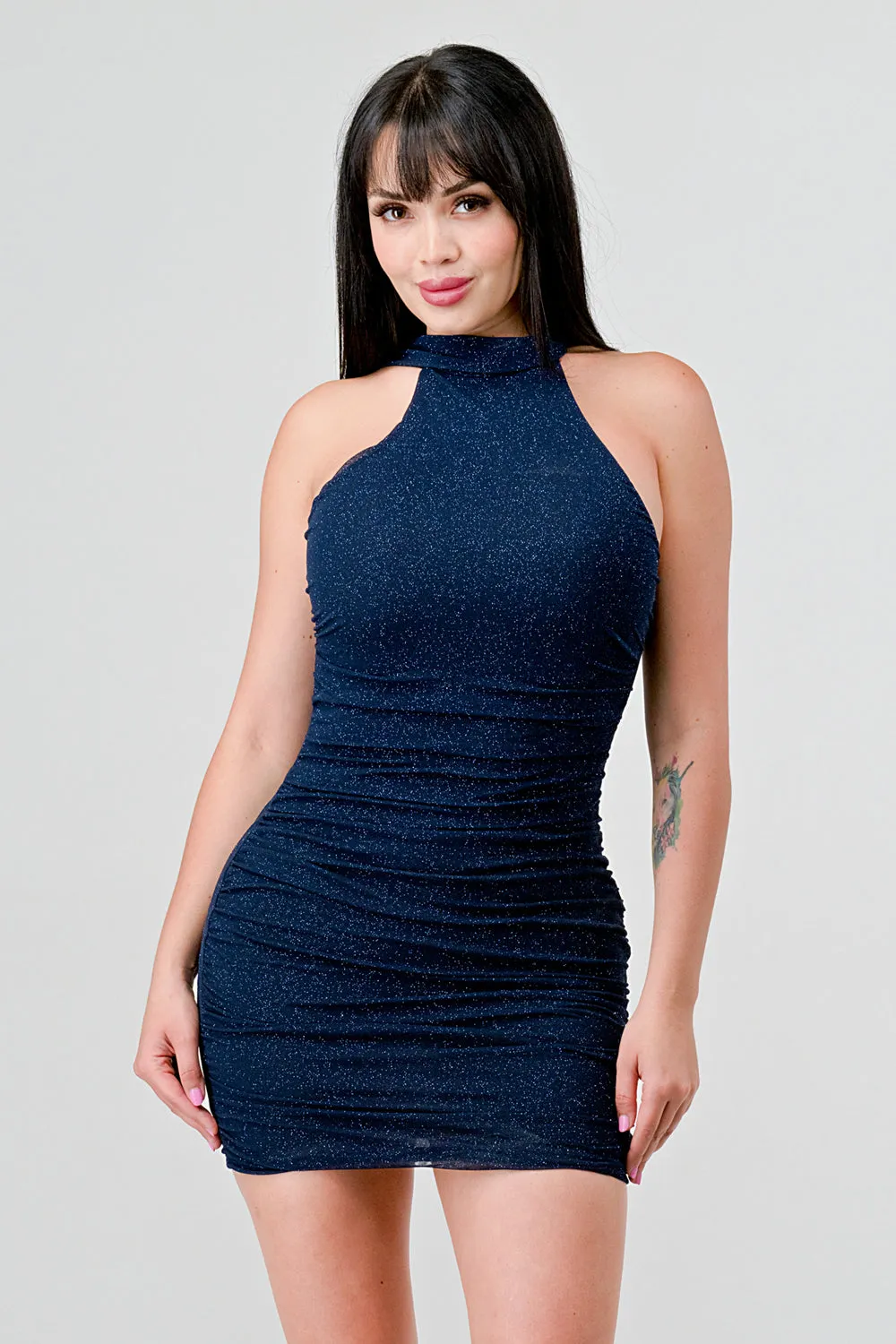 CHIC GLITTER MESH HIGH NECK WRAP STYLE MINI DRESS